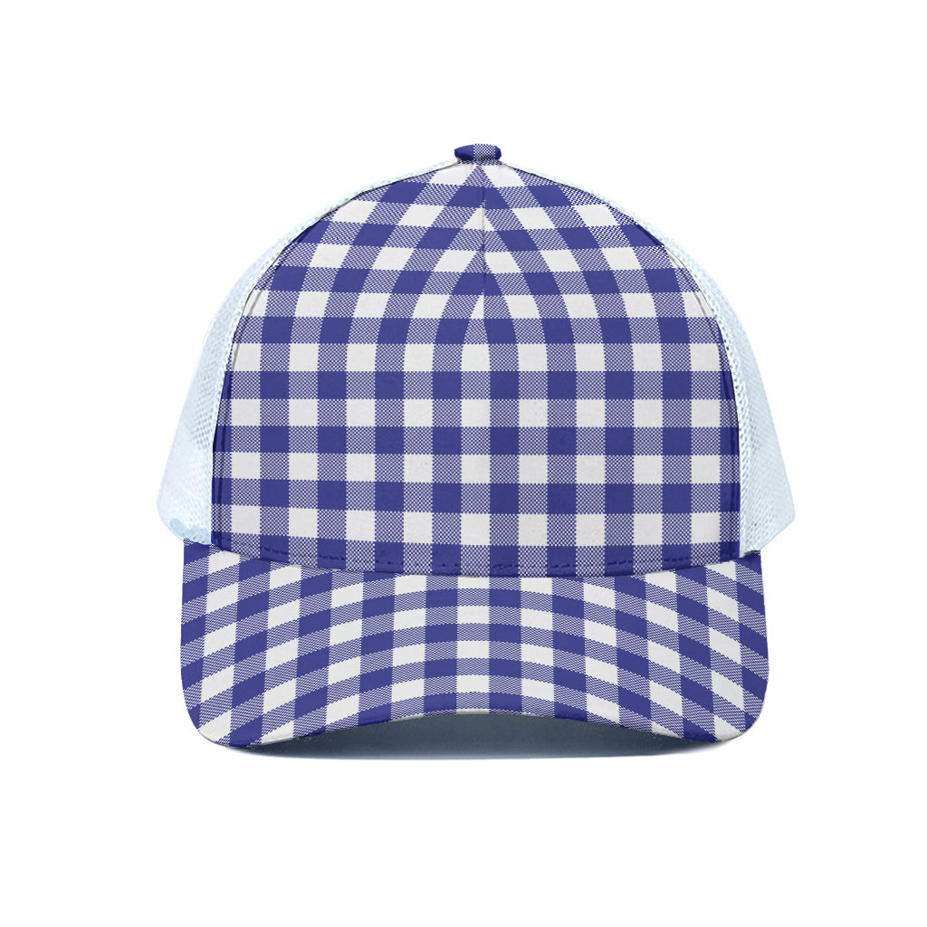 Indigo Blue And White Gingham Print White Mesh Trucker Cap