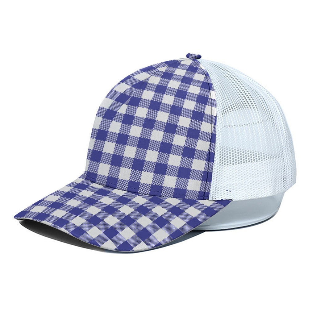 Indigo Blue And White Gingham Print White Mesh Trucker Cap