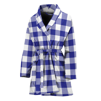 Indigo Blue And White Gingham Print Women's Bathrobe