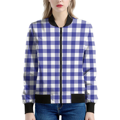 Indigo Blue And White Gingham Print Women's Bomber Jacket