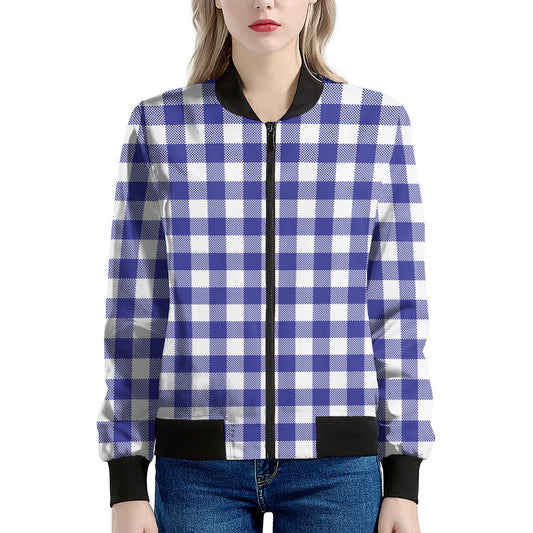 Indigo Blue And White Gingham Print Women's Bomber Jacket
