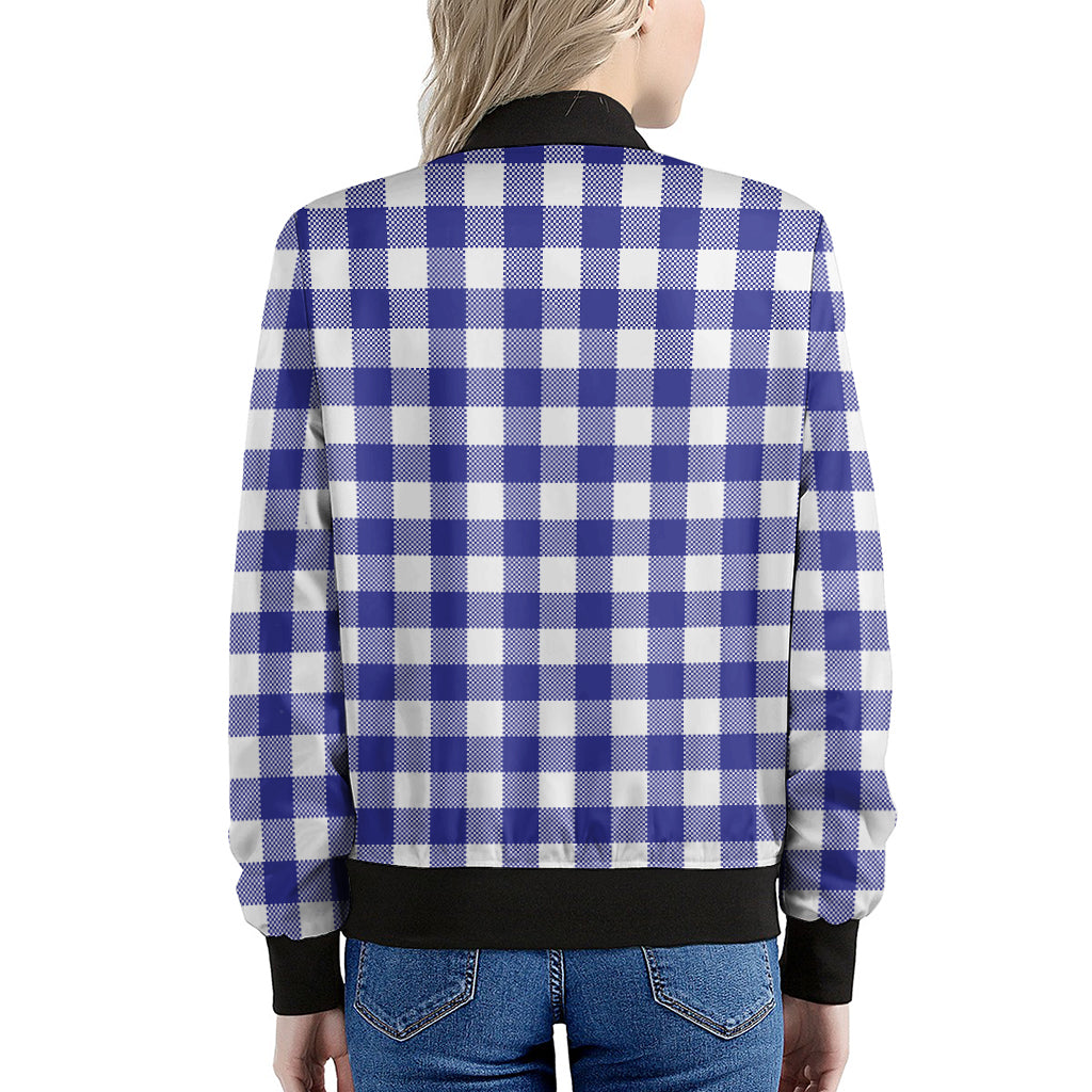 Indigo Blue And White Gingham Print Women's Bomber Jacket