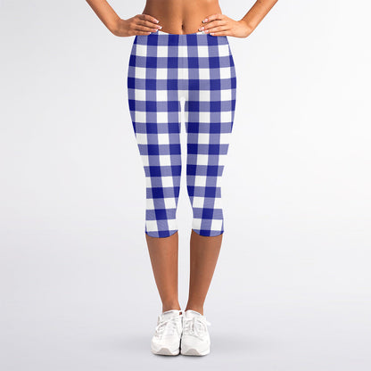 Indigo Blue And White Gingham Print Women's Capri Leggings