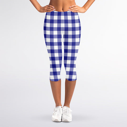 Indigo Blue And White Gingham Print Women's Capri Leggings