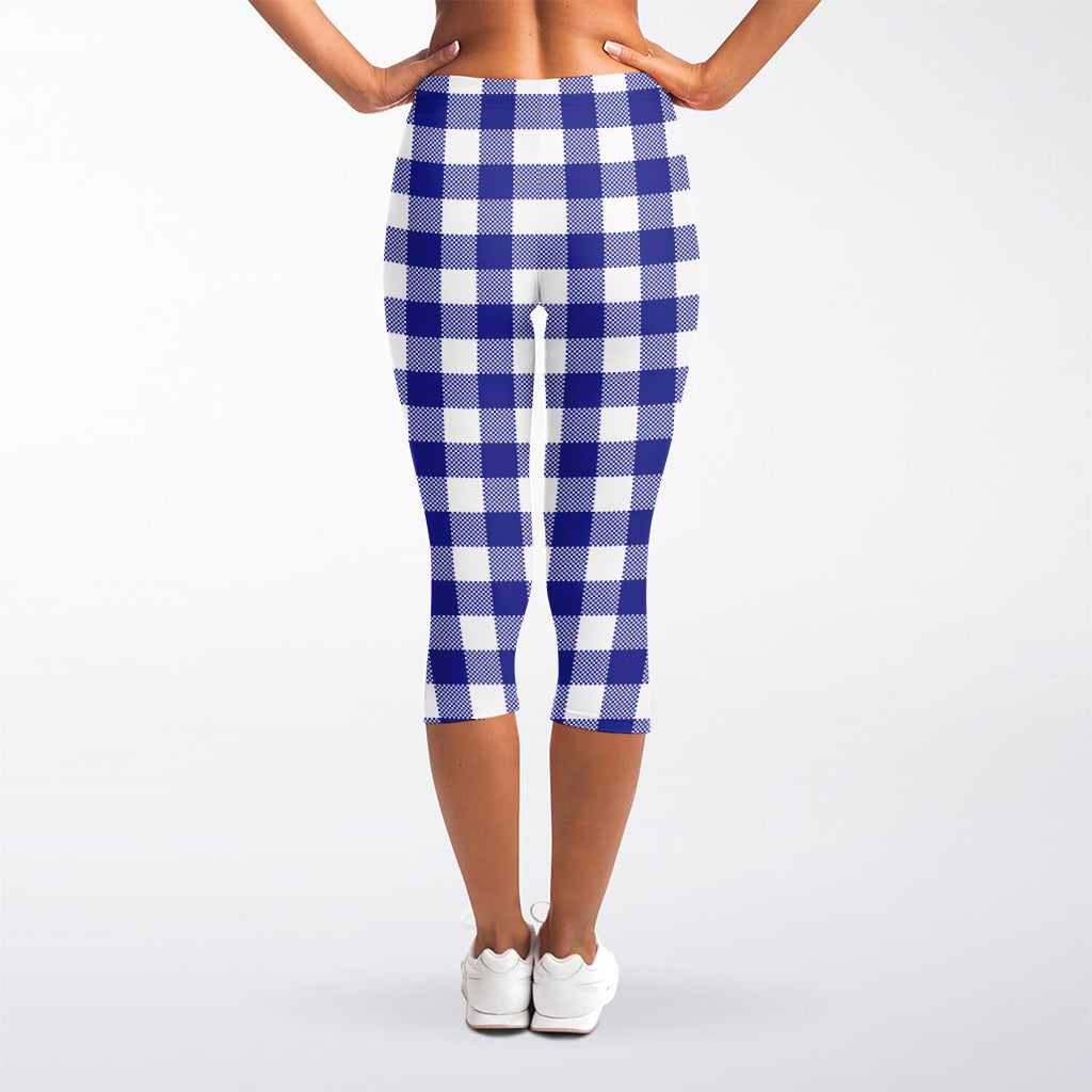Indigo Blue And White Gingham Print Women's Capri Leggings
