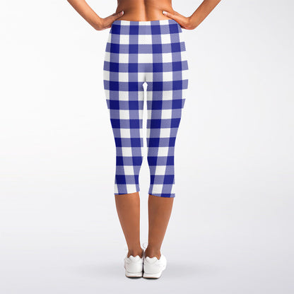 Indigo Blue And White Gingham Print Women's Capri Leggings