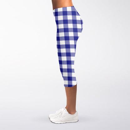 Indigo Blue And White Gingham Print Women's Capri Leggings
