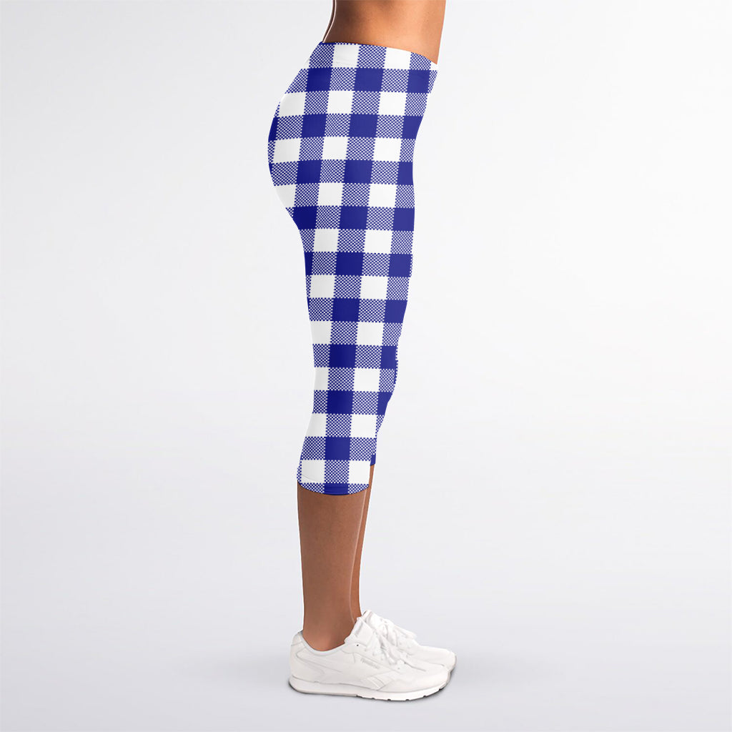 Indigo Blue And White Gingham Print Women's Capri Leggings