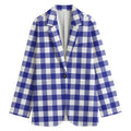 Indigo Blue And White Gingham Print Women's Cotton Blazer