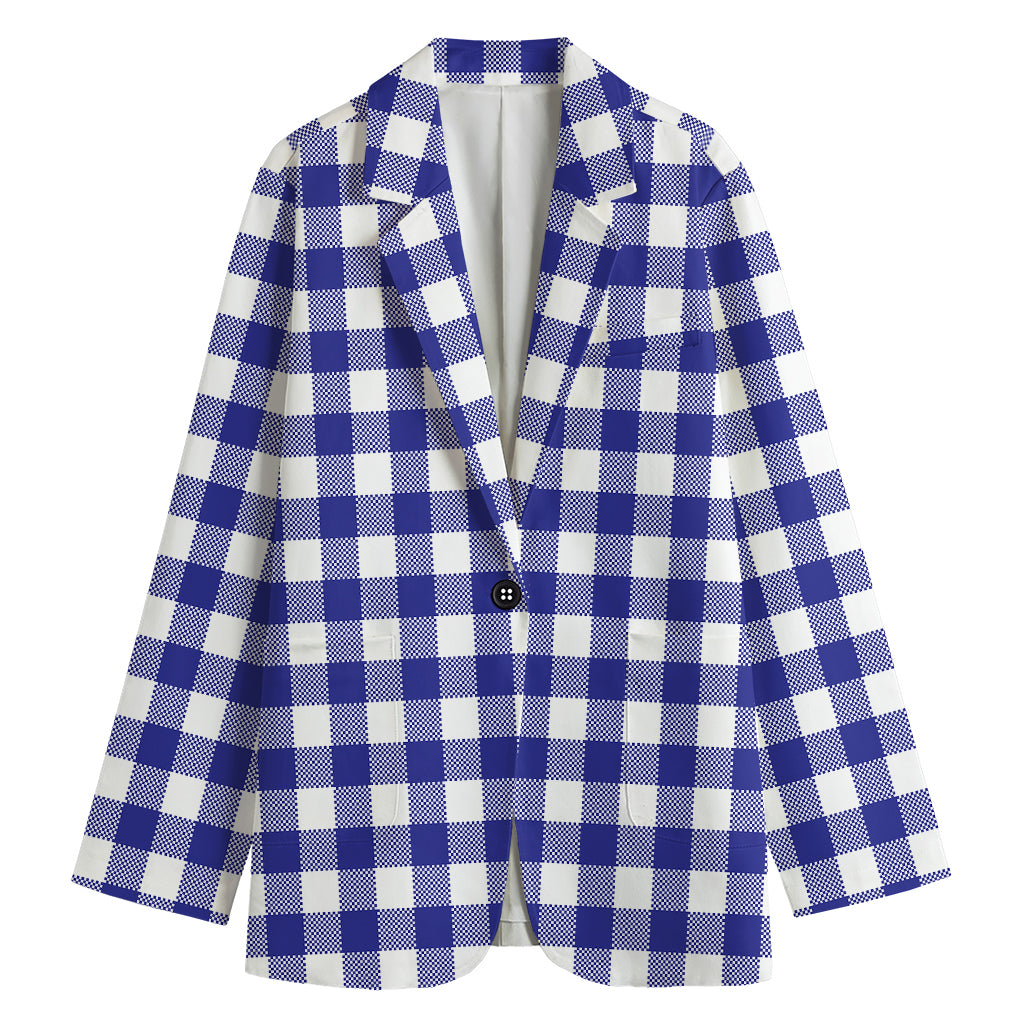Indigo Blue And White Gingham Print Women's Cotton Blazer