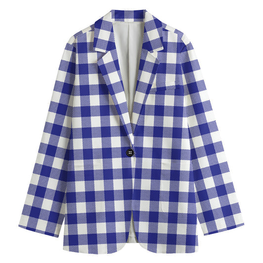 Indigo Blue And White Gingham Print Women's Cotton Blazer