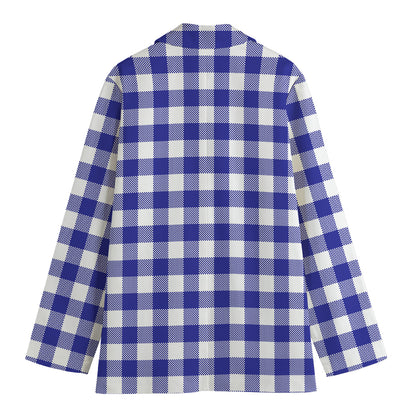 Indigo Blue And White Gingham Print Women's Cotton Blazer
