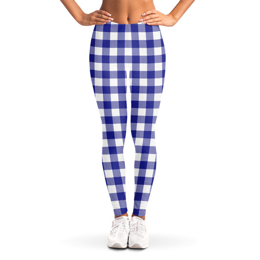 Indigo Blue And White Gingham Print Women's Leggings
