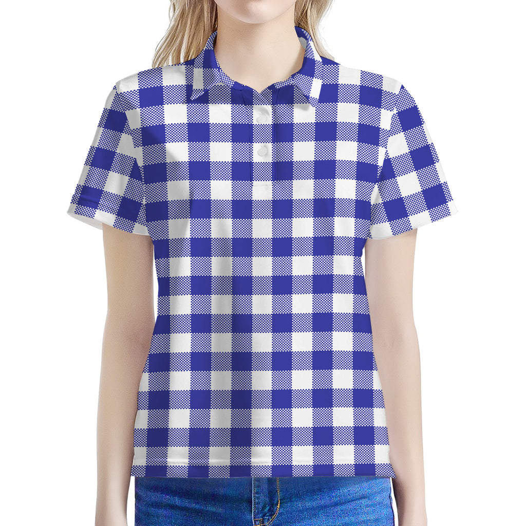 Indigo Blue And White Gingham Print Women's Polo Shirt