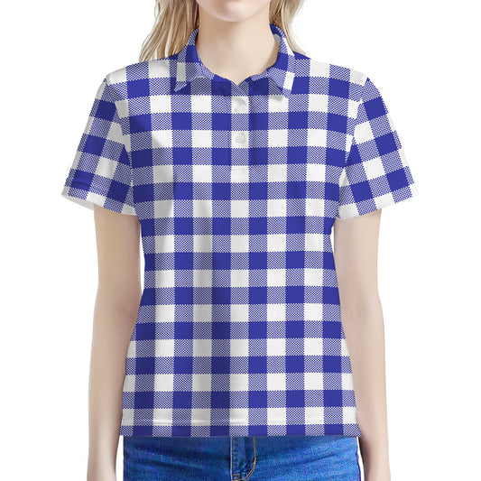 Indigo Blue And White Gingham Print Women's Polo Shirt