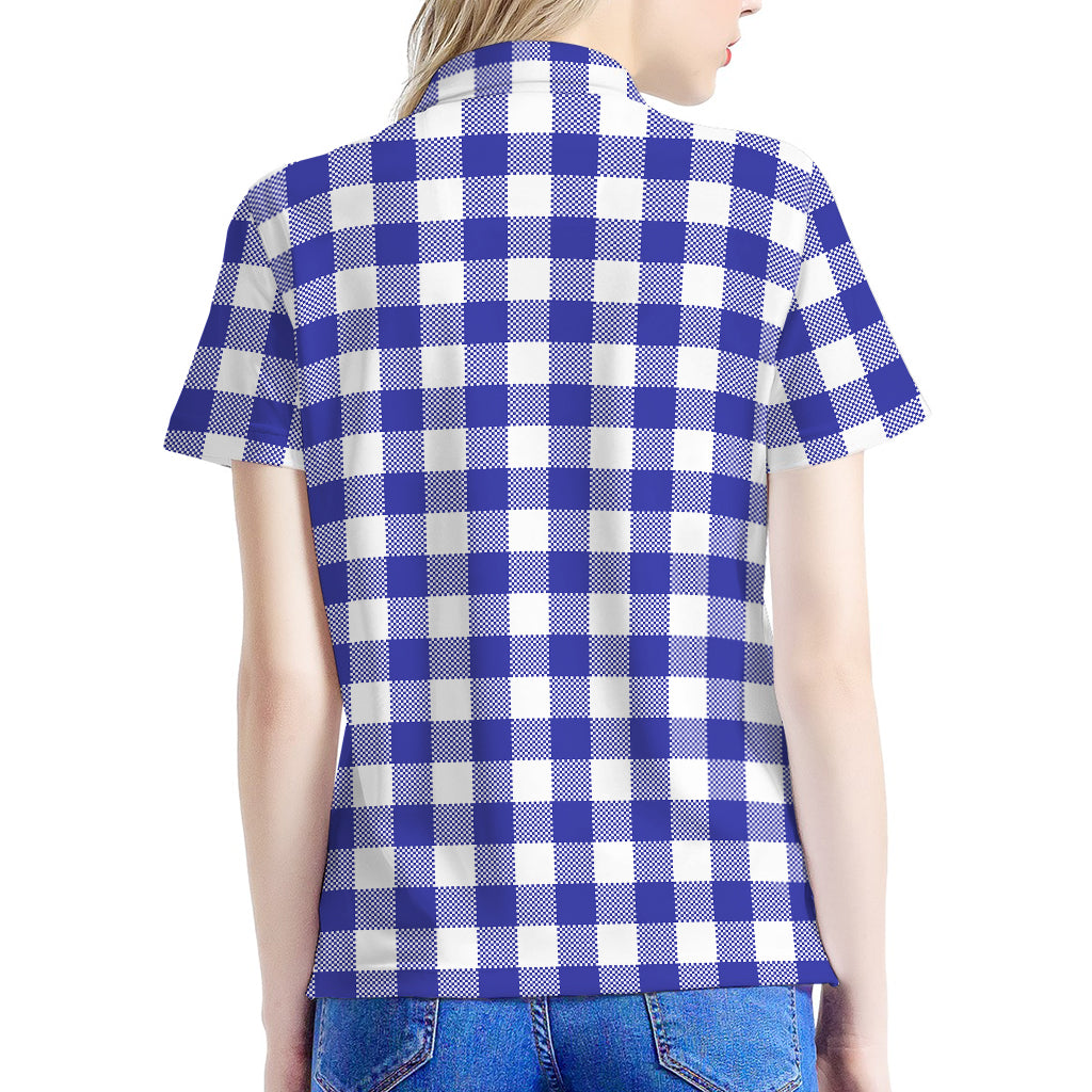Indigo Blue And White Gingham Print Women's Polo Shirt
