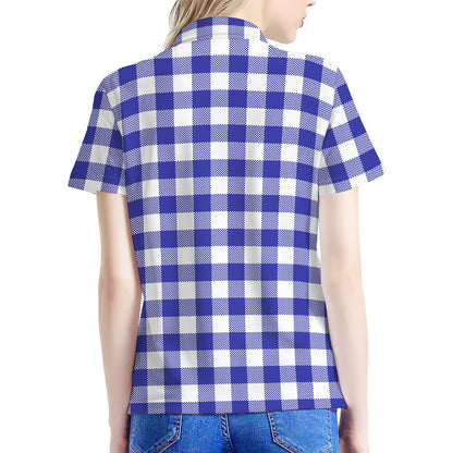 Indigo Blue And White Gingham Print Women's Polo Shirt