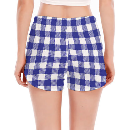 Indigo Blue And White Gingham Print Women's Split Running Shorts