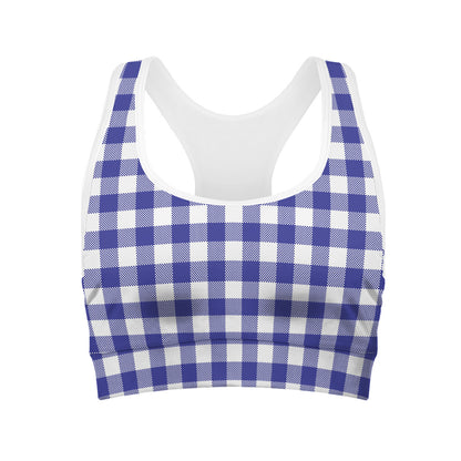 Indigo Blue And White Gingham Print Women's Sports Bra