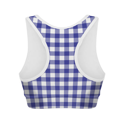 Indigo Blue And White Gingham Print Women's Sports Bra