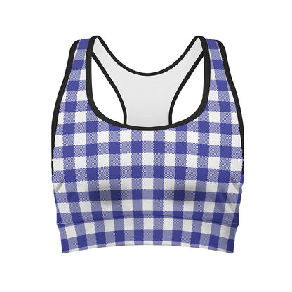 Indigo Blue And White Gingham Print Women's Sports Bra