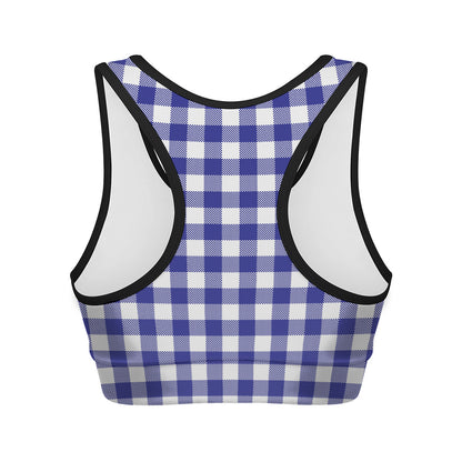 Indigo Blue And White Gingham Print Women's Sports Bra
