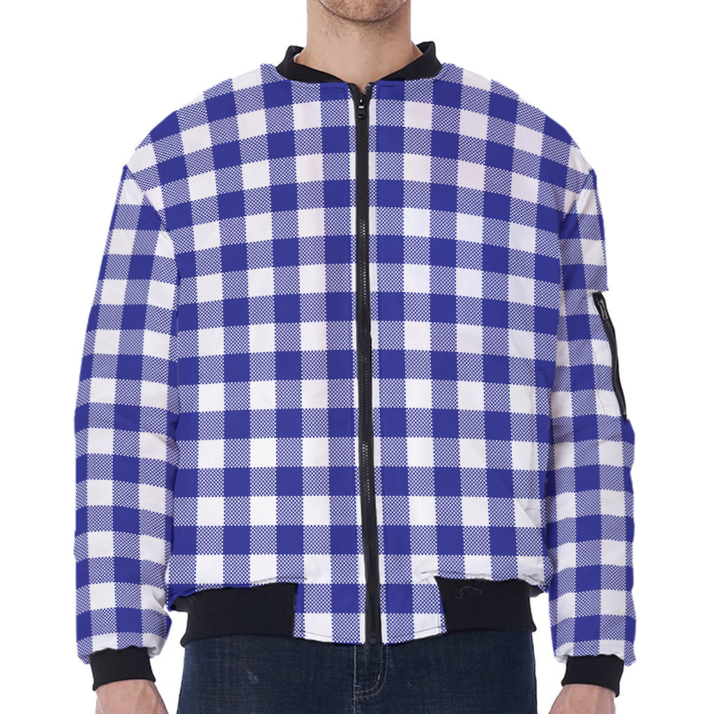 Indigo Blue And White Gingham Print Zip Sleeve Bomber Jacket