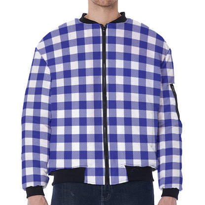 Indigo Blue And White Gingham Print Zip Sleeve Bomber Jacket