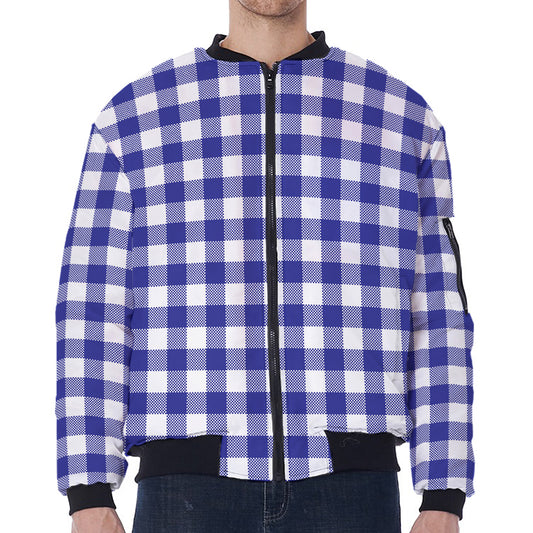 Indigo Blue And White Gingham Print Zip Sleeve Bomber Jacket
