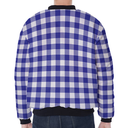 Indigo Blue And White Gingham Print Zip Sleeve Bomber Jacket