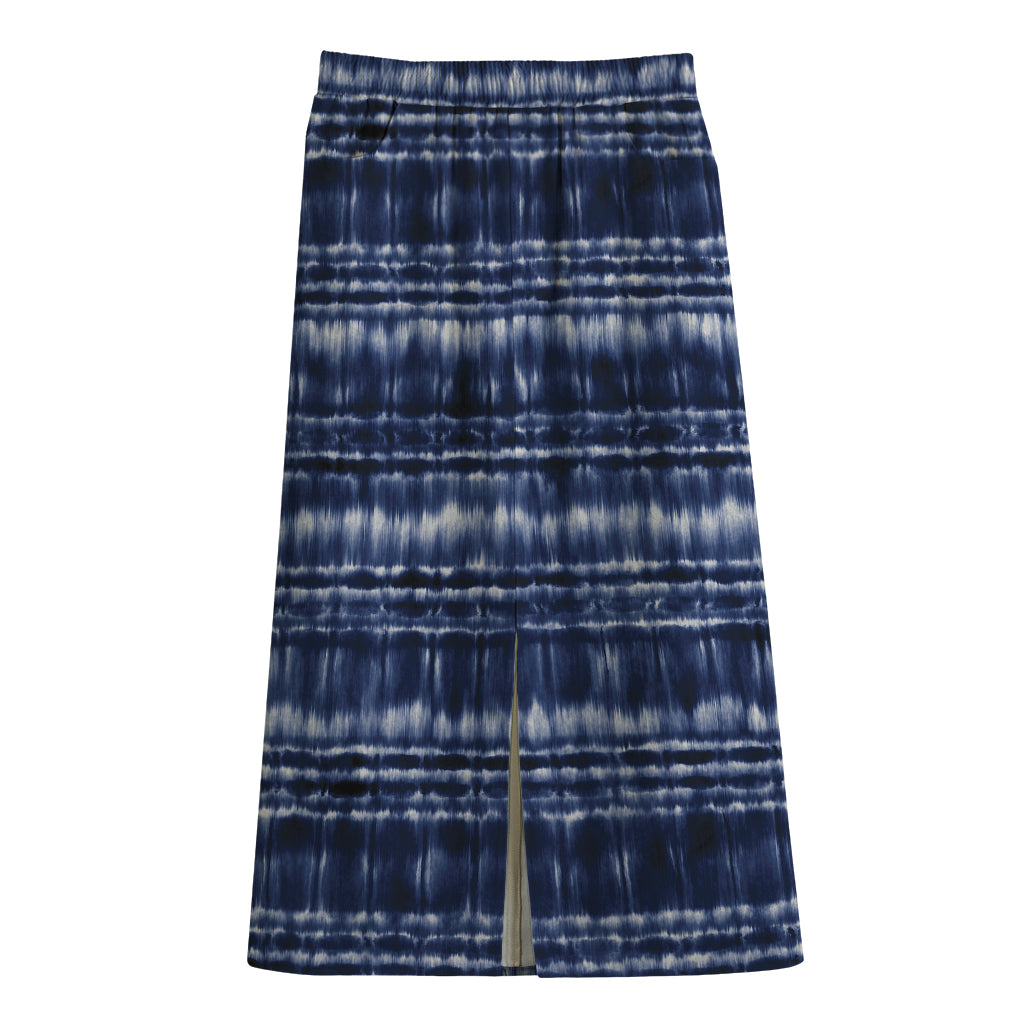 Indigo Dye Shibori Print Cotton Front Slit Maxi Skirt