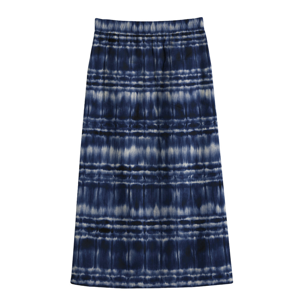 Indigo Dye Shibori Print Cotton Front Slit Maxi Skirt