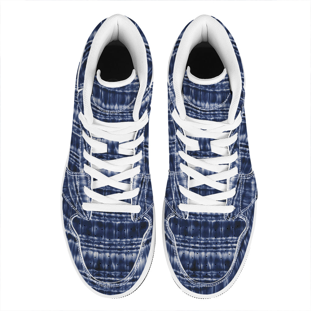 Indigo Dye Shibori Print High Top Leather Sneakers