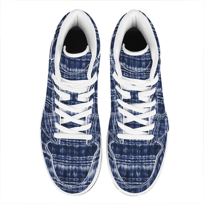 Indigo Dye Shibori Print High Top Leather Sneakers