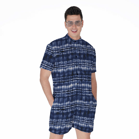 Indigo Dye Shibori Print Men's Rompers