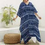 Indigo Dye Shibori Print Silk V-Neck Kaftan Dress