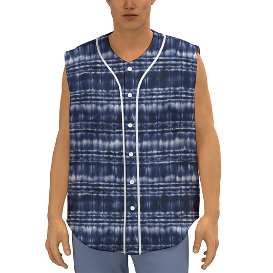 Indigo Dye Shibori Print Sleeveless Baseball Jersey