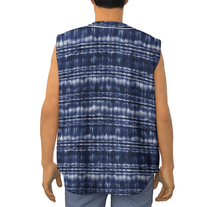 Indigo Dye Shibori Print Sleeveless Baseball Jersey
