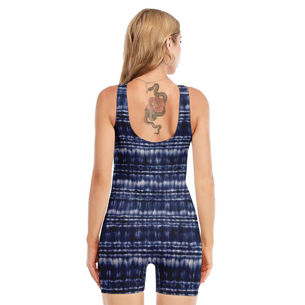Indigo Dye Shibori Print Sleeveless One Piece Swimsuit