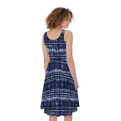 Indigo Dye Shibori Print Women's Sleeveless Dress