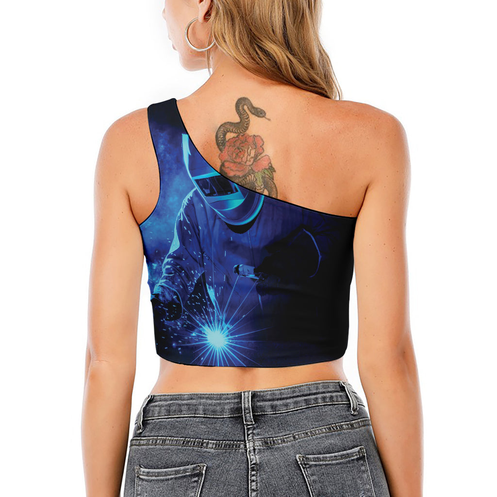 Industrial Welder Print One Shoulder Crop Top