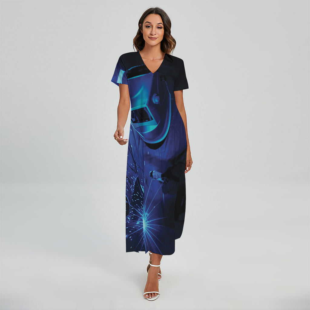 Industrial Welder Print Short Sleeve Maxi Dress