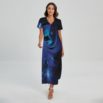 Industrial Welder Print Short Sleeve Maxi Dress