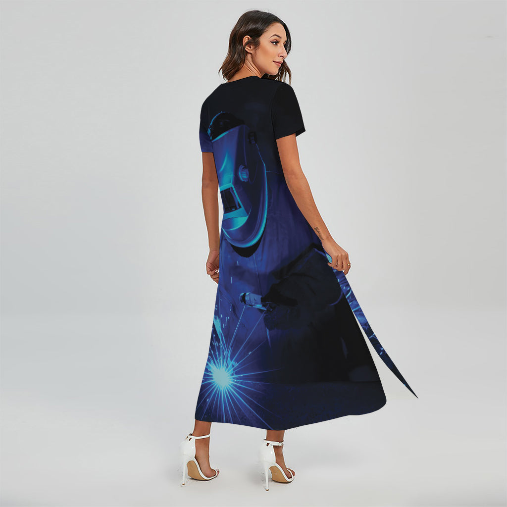 Industrial Welder Print Short Sleeve Maxi Dress