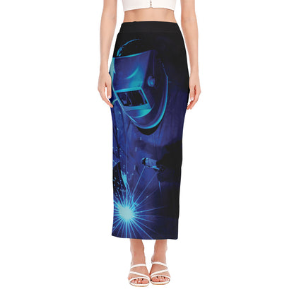 Industrial Welder Print Side Slit Maxi Skirt