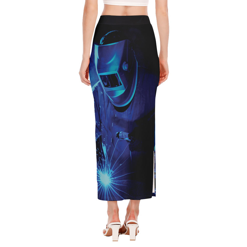 Industrial Welder Print Side Slit Maxi Skirt
