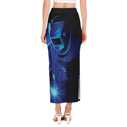 Industrial Welder Print Side Slit Maxi Skirt