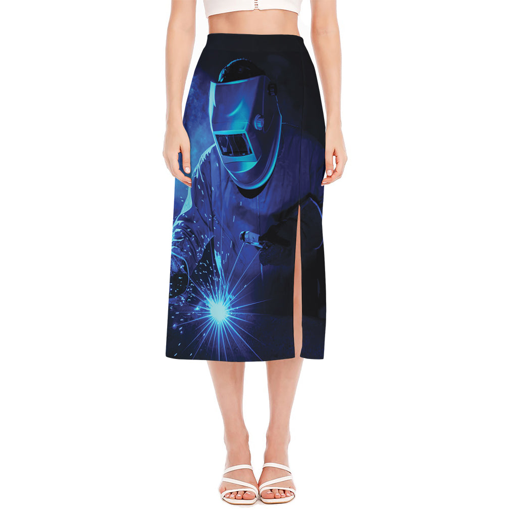 Industrial Welder Print Side Slit Midi Skirt