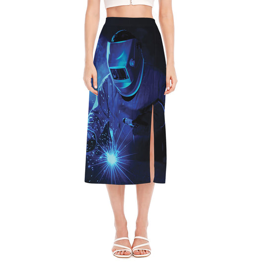 Industrial Welder Print Side Slit Midi Skirt