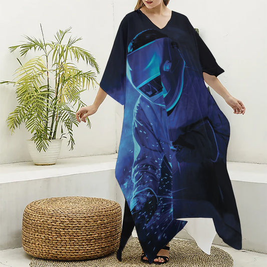 Industrial Welder Print Silk V-Neck Kaftan Dress